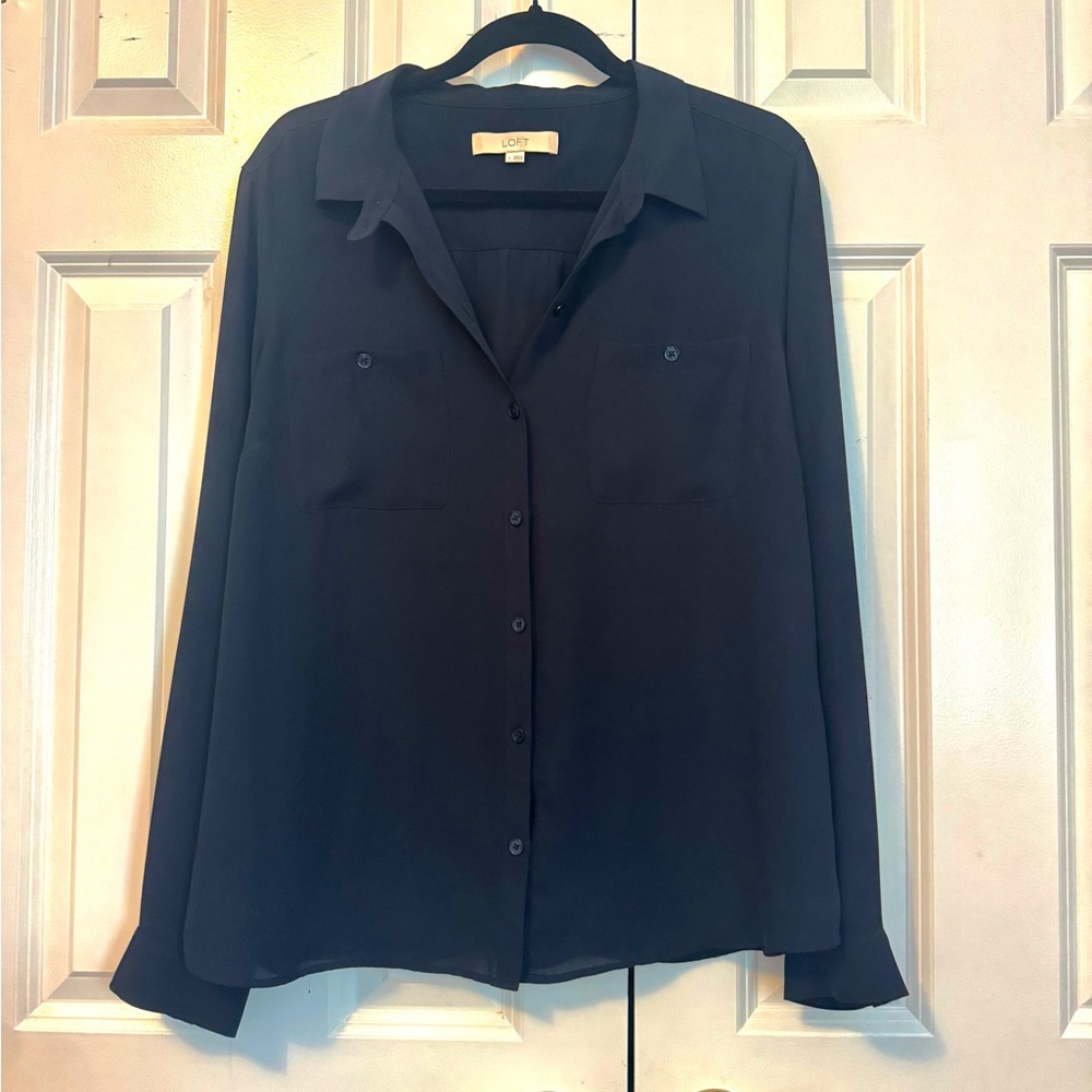 LOFT Navy Button-Front Blouse